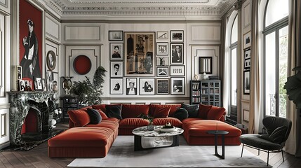 A refined retro living room with a marble fireplace, a velvet sofa, and a gallery wall of...