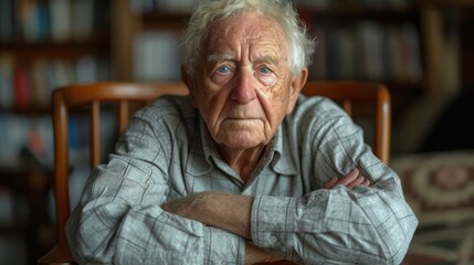 an old man sitting in a chair in front of a bookshelf with his arms folded over his chest.