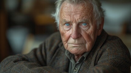 a close up of a person wearing a jacket and looking at the camera with a serious look on his face.