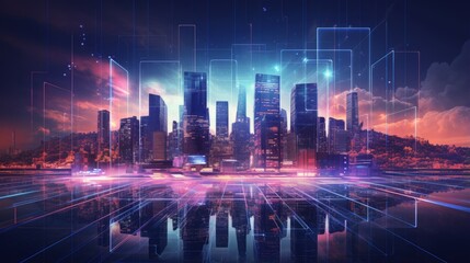 A futuristic city skyline with holographic elements for tech enthusiasts - obrazy, fototapety, plakaty