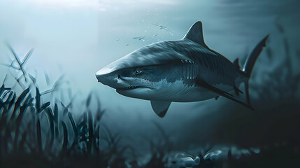 Fototapeta premium A powerful tiger shark emerging from the depths, its sleek form contrasting against the softly blurred ocean backdrop