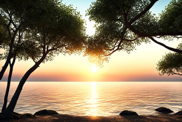 Calm sea with sunrise and sun through trees. Meditation ocean and sky background. Seascape over water. Backgrounds for site or large-resolution wallpaper. Concept of nature, tourism and adventure - obrazy, fototapety, plakaty