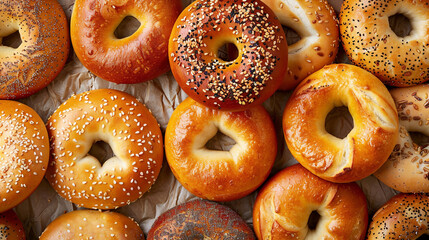 Variety of freshly baked bagels plain with sesame and poppy seeds top view. Bread making comfort food concept