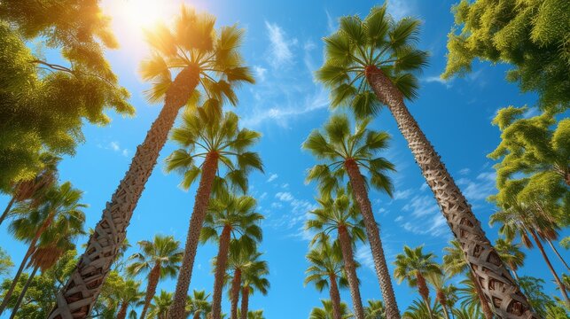 a group of palm trees with a bright blue sky in the background and sun in the middle of the palm trees.