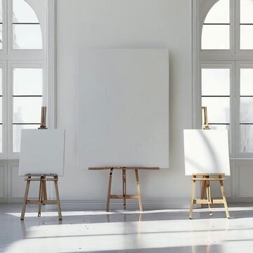 Three easels with white empty blank canvas in bright minimalistic interior of exhibition, studio or artist workshop. Front view. Mock up for artwork image, paint on canvas, creative space square video