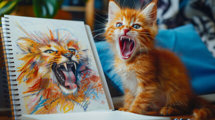  Two symmetrical images of a colorful roaring lion  drawn on a white notebook and a real roaring kitten, imitating the lion, both looking very much alike 