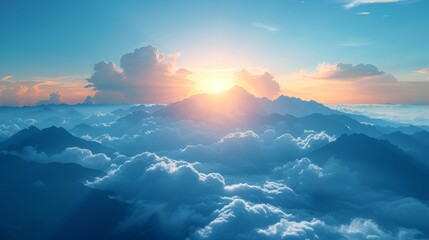 the sun shines brightly above the clouds in the sky above a mountain range in the middle of the day. - obrazy, fototapety, plakaty