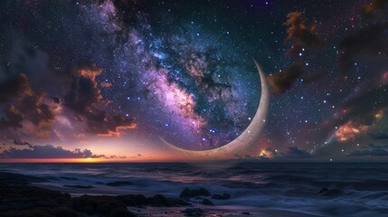 A digital vision of a crescent moon hanging over the ocean's horizon, as a sunset gives way to a cosmic nebula-filled sky. - obrazy, fototapety, plakaty