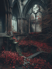 Ruins of gothic church taken over by red flowers - obrazy, fototapety, plakaty