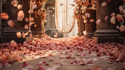 Abstract patterns of a wedding exit with rose petals