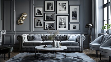 A sophisticated retro living room with a velvet sofa, a marble coffee table, and a gallery wall of black-and-white photographs, exuding timeless elegance