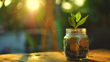 A glass jar filled with coins and a growing plant
