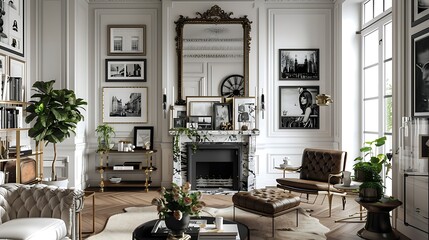 A stylish retro living room with a tufted leather armchair, a brass-framed mirror above a marble...