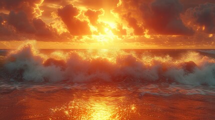 Fototapeta premium a sunset over a body of water with a large wave in the foreground and dark clouds in the background.