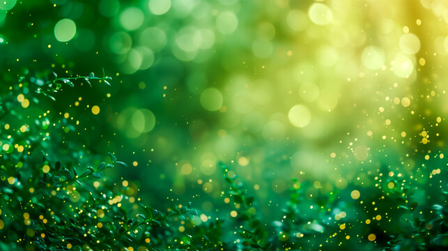 Bokeh lights on green background. Abstract nature background with copy space.