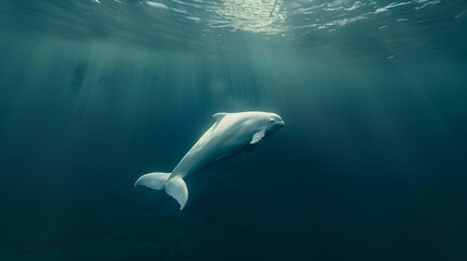 Naklejka premium A solitary beluga whale swimming serenely amidst a vast expanse of ocean, with copy space for text to emphasize its magnificence