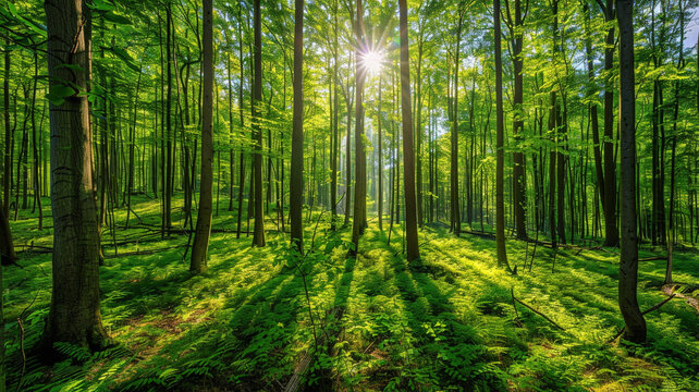 green forest panorama with tall trees and sunlight filtering through the leaves