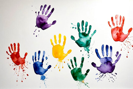Baby handprint with watercolor on white wall background. Works of child abstract sketch. Colored kids handprints and splattered messy on pictures. Unique backgrounds for creativity and wallpaper