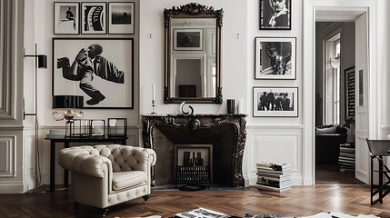 A stylish retro living room with a tufted leather armchair, a brass-framed mirror above a marble fireplace, and a gallery wall of black-and-white photographs