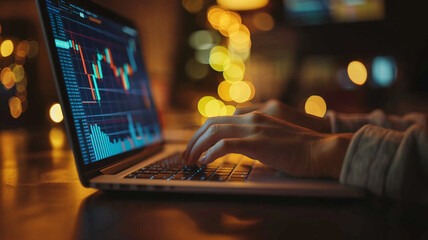 Close up of woman's hands typing on laptop keyboard with trading chart showing stock market