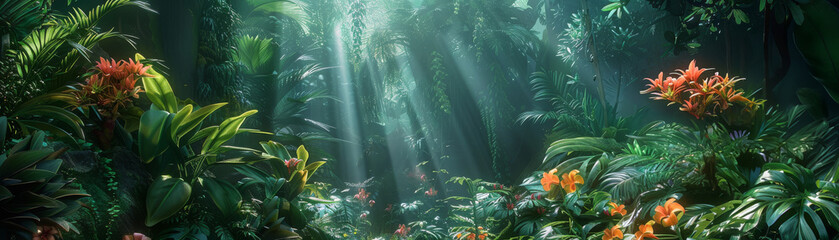 An exotic jungle setting, with lush greenery and vibrant flowers in full bloom. - obrazy, fototapety, plakaty