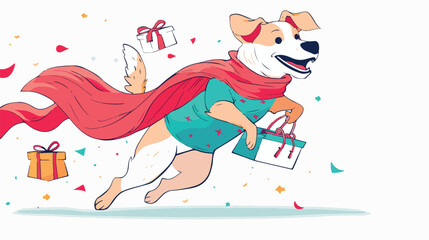 The dog is a superhero with shopping and gifts. Hand