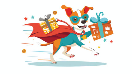 The dog is a superhero with shopping and gifts. Hand