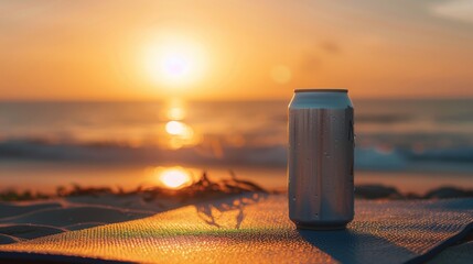 A cold beverage can placed on a sandy beach with the warm glow of the sunset in the background, representing relaxation, summer vibes, and leisure. Product Mockup and bold marketing Concept