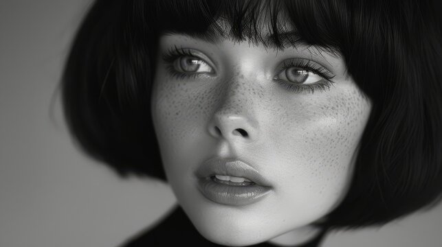 a black and white photo of a woman's face with freckled hair and freckled eyes.