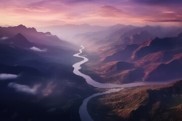 Serene landscape of steep mountains and winding rivers shrouded in mist in the early morning. Generative AI.
