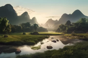 Rolgordijnen Serene landscape of steep mountains and winding rivers shrouded in mist in the early morning. Generative AI. © Surachetsh