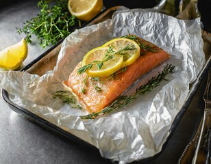 A salmon steak wrapped in parchment paper (en papillote) with slices of lemon and fresh herbs inside, set on a baking tray ready to go into the oven, highlighting the elegant French cooking technique.