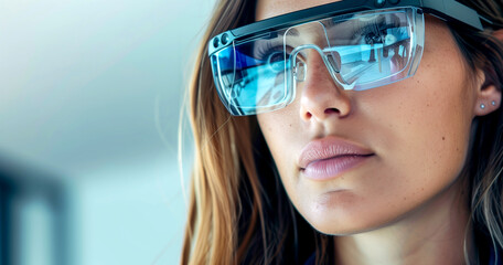 Naklejka premium A woman wearing smart glasses in close-up.