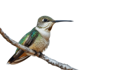 Hummingbird sitting on a tree branch with empty spaces