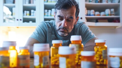 Stressed man surrounded by many prescription medicine bottles and pills at home. - obrazy, fototapety, plakaty
