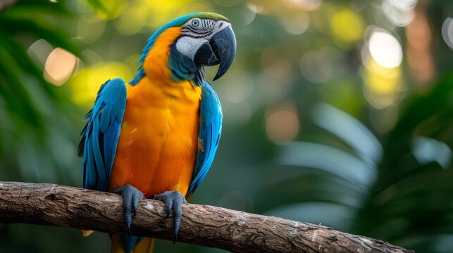 a blue and yellow parrot sitting on a tree branch in front of a green leafy background with a blurry boke of leaves in the foreground.