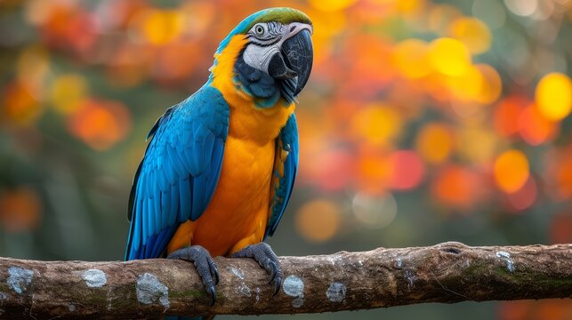 a blue and yellow parrot sitting on top of a tree branch in front of a tree filled with orange and yellow leaves.