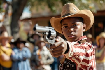 Young African American cowboy aiming a revolver in a historic reenactment