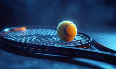 Close up of a tennis ball on the racket. Perfect image for sports and active lifestyle themes. - obrazy, fototapety, plakaty