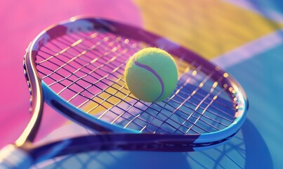 Close up of a tennis ball on the racket. Perfect image for sports and active lifestyle themes.