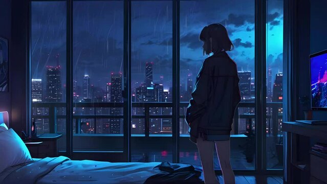 Lofi animation. Seamless loop. The girl is standing in the bedroom looking at the city being hit by rain at night from the window, cartoon anime, neon light effects.