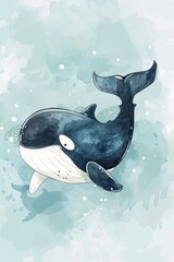 Watercolor illustration of a cute blue whale on a blue background generated AI