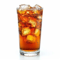 Tall glass filled with ice and cola on white background.