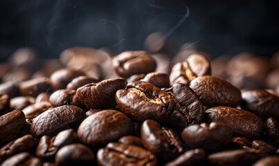 Close-up of roasted coffee beans, highlighting the rich texture and depth of color, perfect for capturing the essence of coffee.
