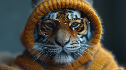 a close up of a tiger wearing a sweater and glasses with a scarf around it's neck and a hood on it's head.