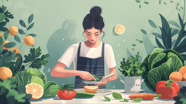 illustration of a person making healthy eating choices, with images of fresh produce and meal portions reflecting conscious eating habits and lifestyle changes