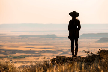 Young Asian girl in silhouette standing on a hill at sunset wearing a hat and a coat - obrazy, fototapety, plakaty