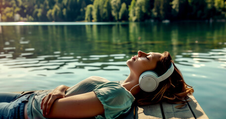 A woman is relaxing on a pier by the lake, listening to music through headphones. - obrazy, fototapety, plakaty