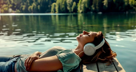 Fotobehang A woman is relaxing on a pier by the lake, listening to music through headphones. © PETR BABKIN