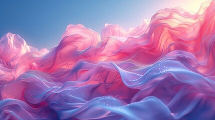 a computer generated image of a wave of pink and blue fabric on a blue background with a sun in the distance.